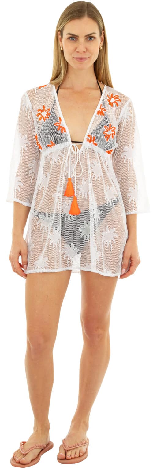 SHORT MESH DRESS WITH BEADING #CU37 WHITE/ORANGE
